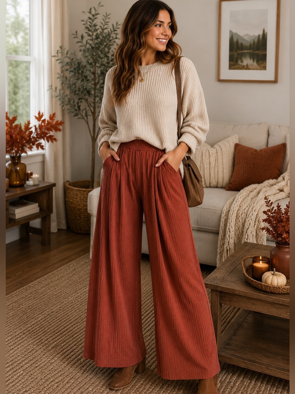 SHEIN Rust Ribbed Wide-Leg Pants - Picture 6 of 6